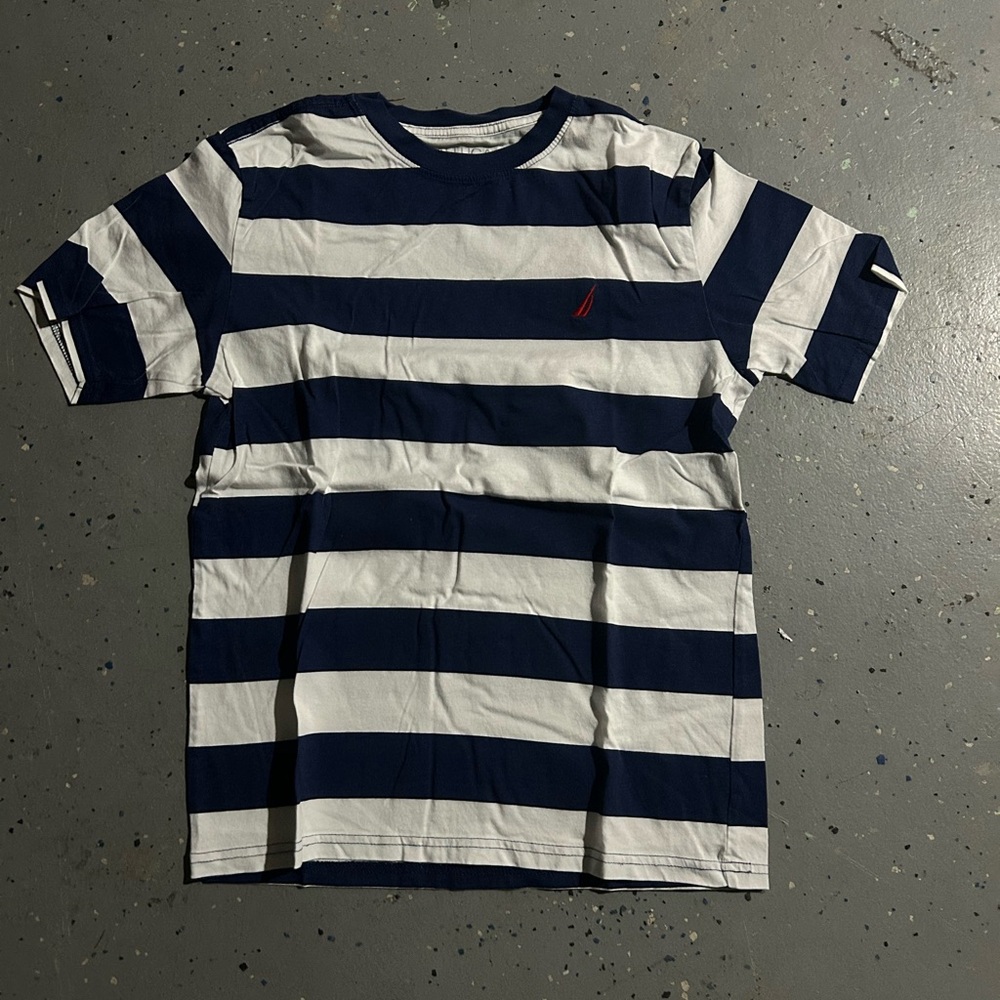 navy and white striped shirt